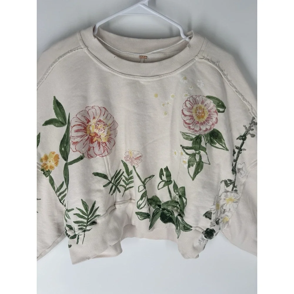 FREE PEOPLE Gaia Floral Sweatshirt XS Oversized Garden Boho Forest Fairy